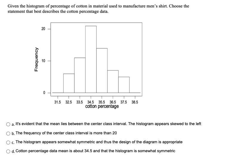 Given the histogram of percentage of cotton in material used to manufacture men's shirt. Choose the
statement that best describes the cotton percentage data.
20
31.5 32.5 33.5 34.5 35.5 36.5 37.5 38.5
cotton percentage
a. It's evident that the mean lies between the center class interval. The histogram appears skewed to the left
b. The frequency of the center class interval is more than 20
O. The histogram appears somewhat symmetric and thus the design of the diagram is appropriate
d. Cotton percentage data mean is about 34.5 and that the histogram is somewhat symmetric
Frequency
