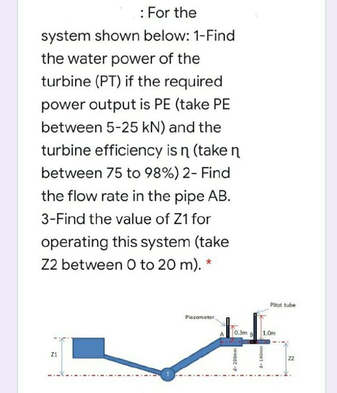 : For the
system shown below: 1-Find
the water power of the
turbine (PT) if the required
power output is PE (take PE
between 5-25 kN) and the
turbine efficiency is n (take n
between 75 to 98%) 2- Find
the flow rate in the pipe AB.
3-Find the value of Z1 for
operating this system (take
Z2 between 0 to 20 m). *
Pitot tube
Piezometer
0.3m
B
1.0m
z1
22
d 200mm
1-100mm
