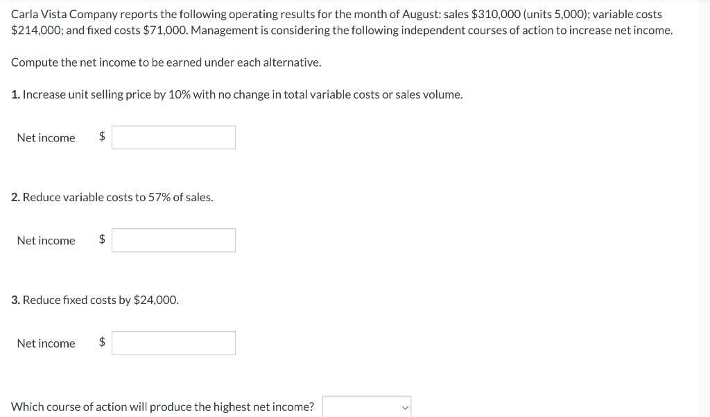 Carla Vista Company reports the following operating results for the month of August: sales $310,000 (units 5,000); variable costs
$214,000; and fixed costs $71,000. Management is considering the following independent courses of action to increase net income.
Compute the net income to be earned under each alternative.
1. Increase unit selling price by 10% with no change in total variable costs or sales volume.
Net income $
2. Reduce variable costs to 57% of sales.
Net income $
3. Reduce fixed costs by $24,000.
Net income
$
Which course of action will produce the highest net income?