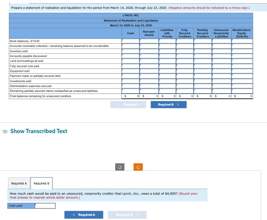 Prepare a statement of realization and liquidation for the period from March 14, 2020, through July 23, 2020. (Negative amounts should be indicated by a minus sign.)
Book balances, 3/14/20
Accounts receivable collected-remaining balance assumed to be uncollectible
Inventory sold
Accounts payable discovered
Land and buildings all sold
Fully secured note paid
Equipment sold
Payment made on partially secured debt
Investments sold
Administrative expenses accrued
Remaining partially secured claims reclassified as unsecured liabilities
Final balances remaining for unsecured creditors
Show Transcribed Text
Required A Required B
LYNCH, INC.
Statement of Realization and Liquidation
March 14, 2020 to July 23, 2020
< Required A
Cash
< Required A
Noncash
Assets
0 $
Required B
Liabilities
with
Priority
0 $
Fully
Secured
Creditors
0 $
Required B >
Partially
Unsecured Stockholders'
Secured Nonpriority Equity
Creditors Liabilities (Deficits)
How much cash would be paid to an unsecured, nonpriority creditor that Lynch, Inc., owes a total of $4,000? (Round your
final answer to nearest whole dollar amount.)
Cash paid
0 $
0 $
0 $