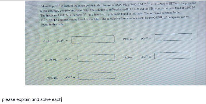 Calculate pCd at each of the given points in the titration of 45.00 mL of 0.0010 M Cd* with 0.0010 M EDTA in the prescnce
of the auxiliary complexing agent NH. The solution is bufferod at a pH of 11.00 and the NH, concentration is fixed at 0.100 M.
The fraction of EDTA in the form Y as a function of pH can be found in this table. The formation constant for the
Cd-EDTA complex can he found in this table. The cumulative formation constants for the Cd(NH, complexes can be
found in this tuble.
19.00 ml
O ml
45.00 ml
40.00 ml
PCa
50.00 mL
please explain and solve each
