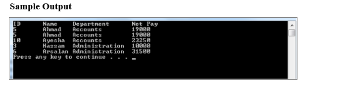 Sample Output
Nane
Ahnad
Ahnad
A yesha
Hassan
Arsalan Adninistration
Departnent
Accounts
Accounts
Accounts
Adninistration
Net Pay
19000
19000
23250
10000
31500
Press any key to continue
