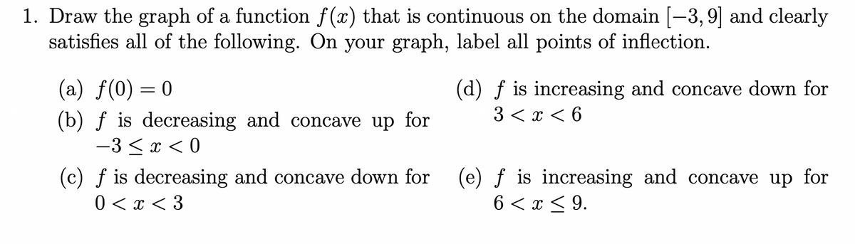 1. Draw the graph of a function f(x) that is continuous on the domain [-3, 9] and clearly
satisfies all of the following. On your graph, label all points of inflection.
(a) ƒ(0) = 0
(b) f is decreasing and concave up for
-3 < x < 0
(c) f is decreasing and concave down for
0 < x < 3
(d) f is increasing and concave down for
3 < x < 6
(e) ƒ is increasing and concave up for
6 < x < 9.