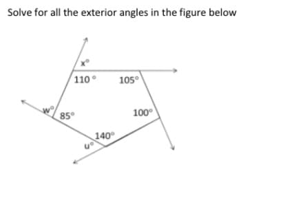 Solve for all the exterior angles in the figure below
110°
105°
85°
100
140°
