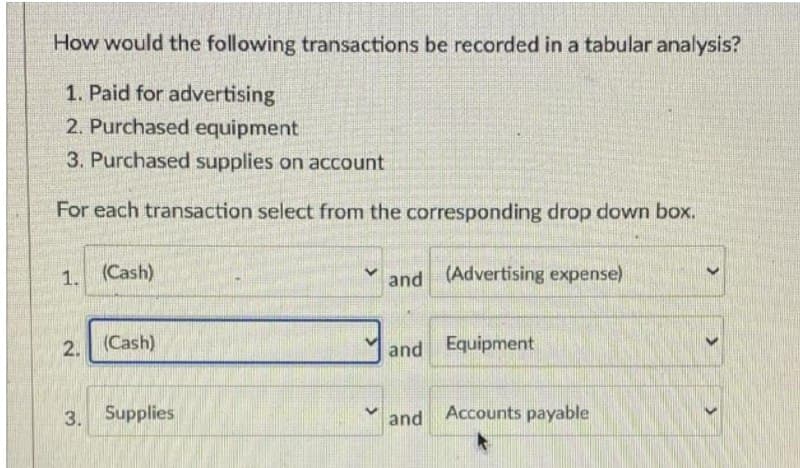 How would the following transactions be recorded in a tabular analysis?
1. Paid for advertising
2. Purchased equipment
3. Purchased supplies on account
For each transaction select from the corresponding drop down box.
1. (Cash)
and (Advertising expense)
2. (Cash)
and Equipment
3. Supplies
Accounts payable
and
