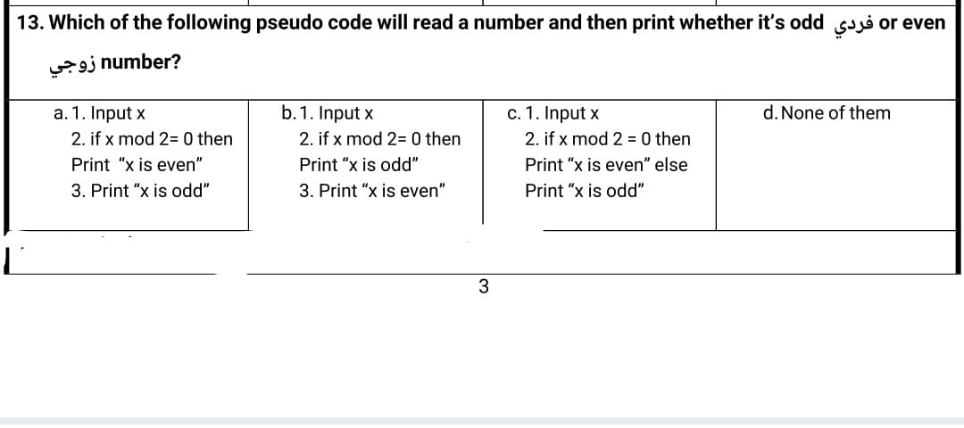 13. Which of the following pseudo code will read a number and then print whether it's odd si or even
oj number?
a. 1. Input x
b.1. Input x
c. 1. Input x
d. None of them
2. if x mod 2= 0 then
2. if x mod 2= 0 then
2. if x mod 2 = 0 then
Print "x is even"
Print "x is odd"
Print "x is even" else
3. Print “x is odd"
3. Print "x is even"
Print "x is odd"
3
