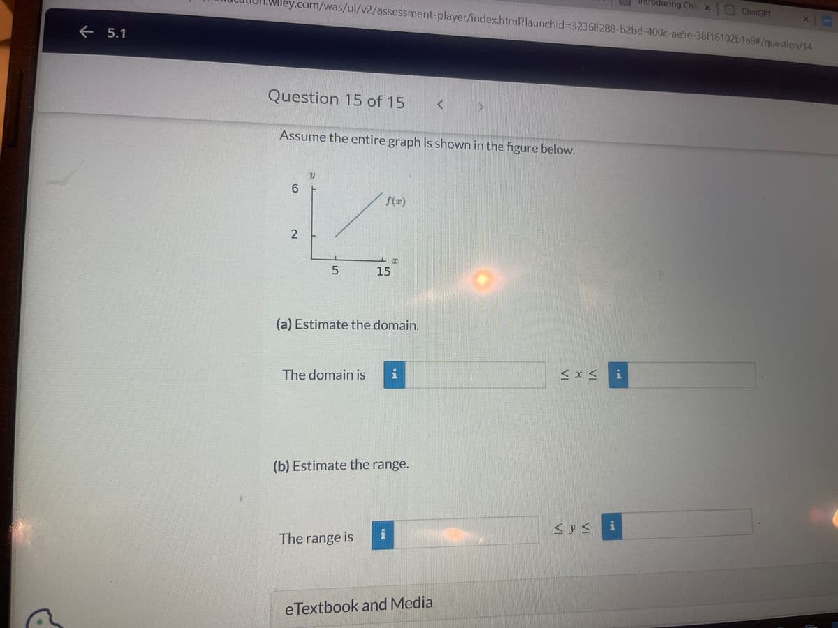 ← 5.1
ey.com/was/ui/v2/assessment-player/index.html?launchId=32368288-b2bd-400c-ae5e-38f16102b1a9#/question/14
Question 15 of 15
Assume the entire graph is shown in the figure below.
6
2
5
(a) Estimate the domain.
The domain is
15
The range is
1
(b) Estimate the range.
eTextbook and Media
MxA i
<y≤
ntroducing Cha X
ChatGPT
X W