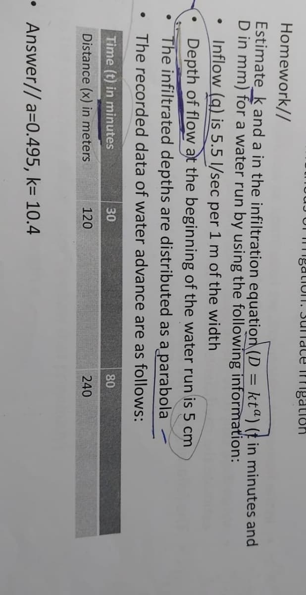 ●
●
Homework//
Estimate_k and a in the infiltration equation (D = ktª) (‡ in minutes and
D in mm) for a water run by using the following information:
Inflow (q) is 5.5 l/sec per 1 m of the width
Depth of flow at the beginning of the water run is 5 cm
The infiltrated depths are distributed as a parabola
The recorded data of water advance are as follows:
Time (t) in minutes
Distance (x) in meters
gation. Sunate igation
30
120
• Answer//a=0.495, k= 10.4
80
240