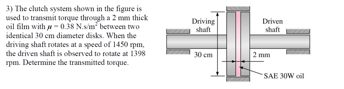 3) The clutch system shown in the figure is
used to transmit torque through a 2 mm thick
oil film with u = 0.38 N.s/m² between two
Driving
shaft
Driven
shaft
identical 30 cm diameter disks. When the
driving shaft rotates at a speed of 1450 rpm,
the driven shaft is observed to rotate at 1398
30 cm
2 mm
rpm. Determine the transmitted torque.
SAE 30W oil
