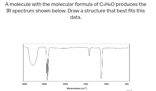 A molecule with the molecular formula of C3H8O produces the
IR spectrum shown below. Draw a structure that best fits this
data.
M
4000
3000
1500
Wavenumbers (cm)
2000
1000
500