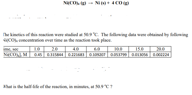 ### Decomposition of Nickel Carbonyl (Ni(CO)₄)

**Reaction:**
\[ \text{Ni(CO)}_4 (\text{g}) \rightarrow \text{Ni (s)} + 4 \text{CO (g)} \]

**Study Overview:**
The kinetics of the decomposition of Nickel Carbonyl (Ni(CO)₄) were studied at a temperature of 50.9 °C. The concentration of Ni(CO)₄ was measured over a series of time intervals to observe the reaction's progress.

**Data Table:**

| Time (sec) | [Ni(CO)₄] (M) |
|------------|:-------------:|
| 1.0        | 0.45          |
| 2.0        | 0.315844      |
| 4.0        | 0.221683      |
| 6.0        | 0.109207      |
| 10.0       | 0.053799      |
| 15.0       | 0.013056      |
| 20.0       | 0.002224      |

**Interpretation of the Data:**
The table shows the concentration of Nickel Carbonyl, Ni(CO)₄, at the specified times in seconds. As time progresses, the concentration of Ni(CO)₄ decreases, indicating the rate at which the reaction is occurring and the compound is decomposing.

**Question:**
What is the half-life of the reaction, in minutes, at 50.9 °C?

**Calculation of Half-Life:**
To determine the half-life, find the time it takes for the concentration of Ni(CO)₄ to decrease to half of its initial concentration. The initial concentration is 0.45 M, so we look for the time at which the concentration reaches 0.225 M.

From the given data:
- At 4.0 sec, [Ni(CO)₄] = 0.221683 M 

**Conclusion:**
Therefore, the half-life of the reaction at 50.9 °C is approximately 4.0 seconds. Converting this to minutes:
\[ \text{Half-life} = \frac{4.0 \text{ sec}}{60 \text{ sec/min}} \approx 0.067 \text{ minutes} \]
Thus, the half-life of