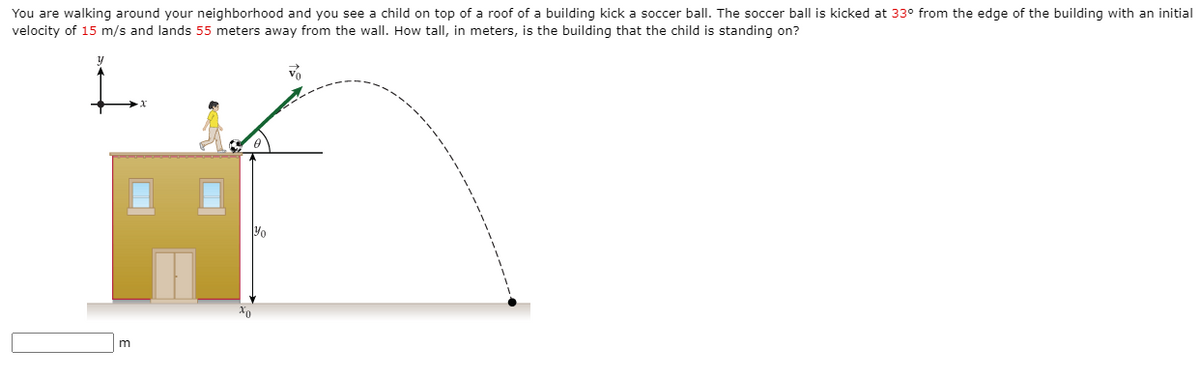 You are walking around your neighborhood and you see a child on top of a roof of a building kick a soccer ball. The soccer ball is kicked at 33° from the edge of the building with an initial
velocity of 15 m/s and lands 55 meters away from the wall. How tall, in meters, is the building that the child is standing on?
Vo
m
