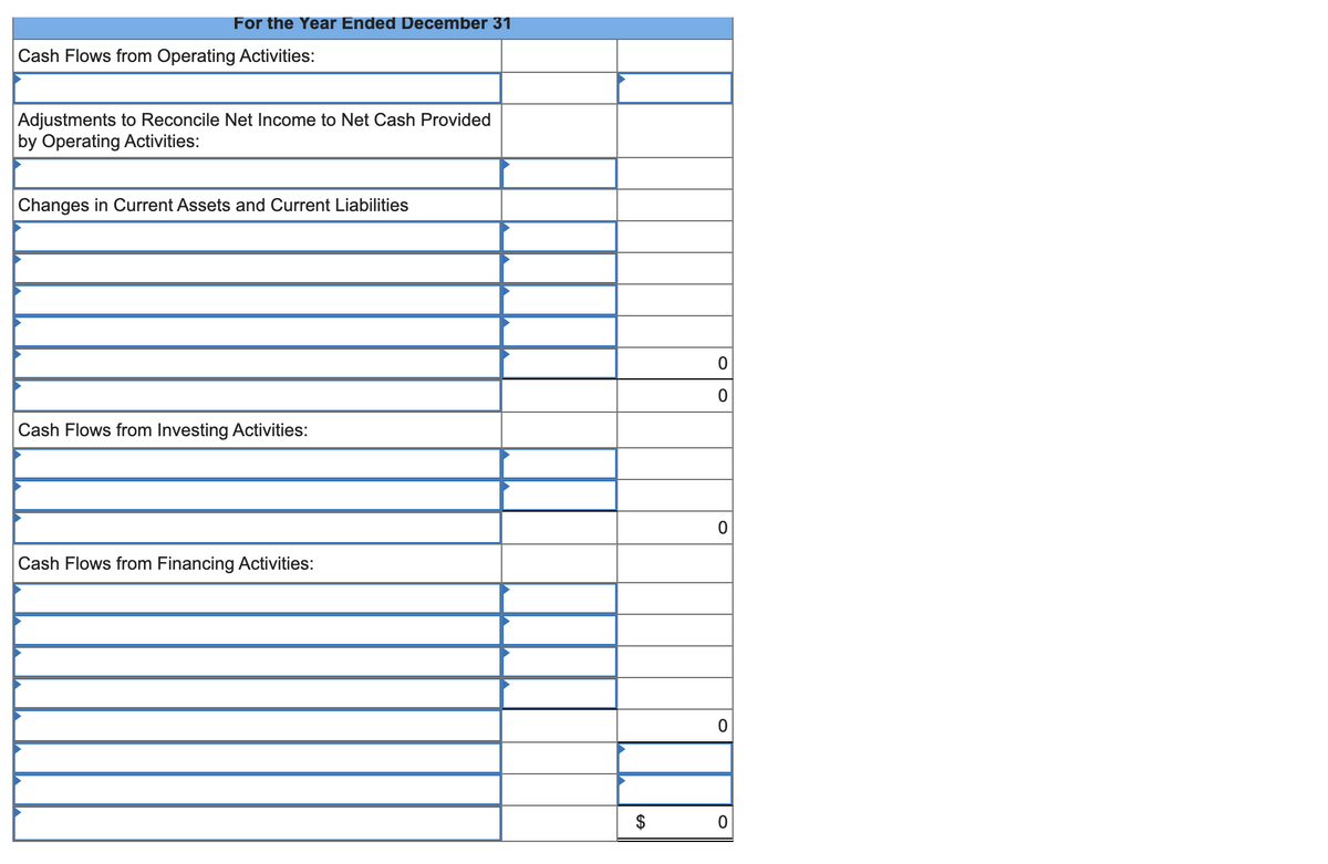 For the Year Ended December 31
Cash Flows from Operating Activities:
Adjustments to Reconcile Net Income to Net Cash Provided
by Operating Activities:
Changes in Current Assets and Current Liabilities
Cash Flows from Investing Activities:
Cash Flows from Financing Activities:
$
0
0
0
0
0