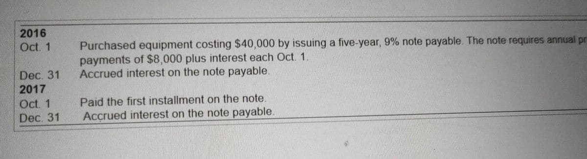 2016
Oct. 1
Dec. 31
2017
Oct. 1
Dec. 31
Purchased equipment costing $40,000 by issuing a five-year, 9% note payable. The note requires annual pri
payments of $8,000 plus interest each Oct. 1.
Accrued interest on the note payable.
Paid the first installment on the note.
Accrued interest on the note payable.