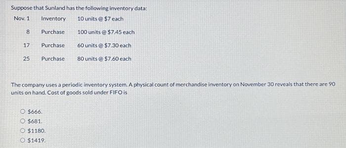 Suppose that Sunland has the following inventory data:
Nov. 1
Inventory
10 units @ $7 each
Purchase
100 units @ $7.45 each
60 units @ $7.30 each
80 units @ $7.60 each
8
17
25
Purchase
Purchase
The company uses a periodic inventory system. A physical count of merchandise inventory on November 30 reveals that there are 90
units on hand. Cost of goods sold under FIFO is
O $666.
O $681.
O $1180.
O $1419.