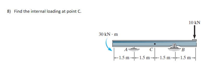 8) Find the internal loading at point C.
30 kN - m
A-
-1.5 m-1.5
5m-1.5
1.5m²+1
10 kN
B
m-1.5 m-1.5 m-
5 m-1.5 m