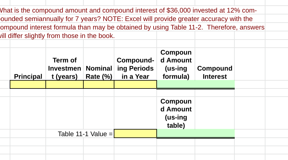 Vhat is the compound amount and compound interest of $36,000 invested at 12% com-
ounded semiannually for 7 years? NOTE: Excel will provide greater accuracy with the
ompound interest formula than may be obtained by using Table 11-2. Therefore, answers
vill differ slightly from those in the book.
Compoun
Compound- d Amount
Term of
Investmen Nominal ing Periods
Principal t (years)
(us-ing Compound
formula)
Rate (%)
in a Year
Interest
Compoun
d Amount
(us-ing
table)
Table 11-1 Value =
