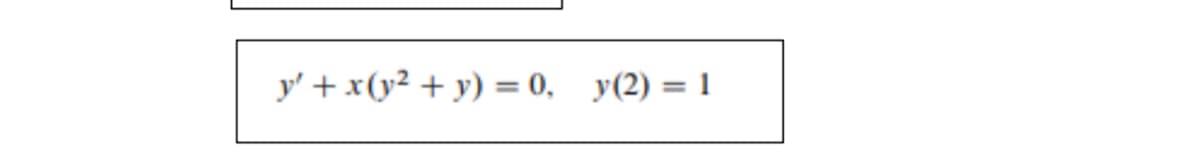 ### Differential Equations Example

In this example, we examine the following first-order ordinary differential equation with an initial condition:

\[ y' + x(y^2 + y) = 0, \quad y(2) = 1 \]

This differential equation can be analyzed and solved to find the function \( y(x) \) that satisfies both the differential equation and the initial condition given at \( x = 2 \) where \( y = 1 \).

### Explanation

- **First-Order ODE**: This is a first-order ordinary differential equation, meaning it involves the first derivative of the function \( y \) with respect to \( x \), represented as \( y' \).

- **Initial Condition**: The initial condition \( y(2) = 1 \) specifies the value of the function \( y \) at \( x = 2 \).

Students are encouraged to solve the equation using appropriate methods such as separation of variables, integrating factors, or numerical methods to find the explicit form of \( y(x) \).