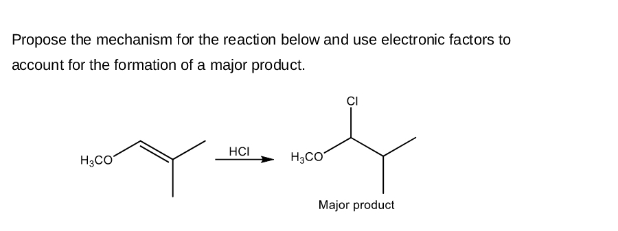 Propose the mechanism for the reaction below and use electronic factors to
account for the formation of a major product.
H3CO
HCI
CI
t
H3CO
Major product