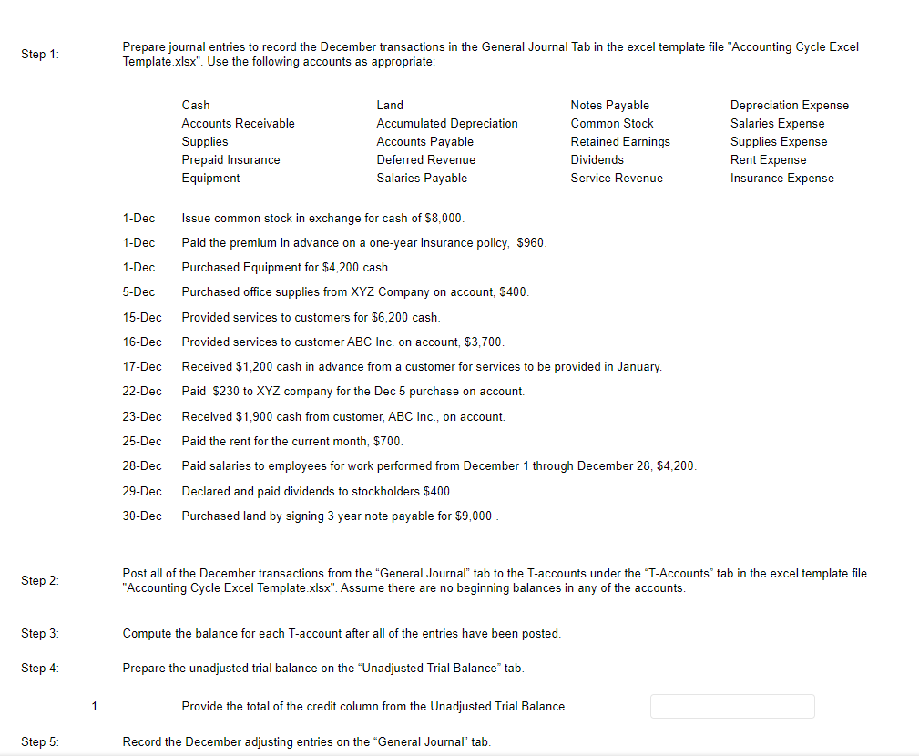 Step 1:
Step 2:
Step 3:
Step 4:
Step 5:
1
Prepare journal entries to record the December transactions in the General Journal Tab in the excel template file "Accounting Cycle Excel
Template.xlsx". Use the following accounts as appropriate:
1-Dec
1-Dec
1-Dec
Cash
Accounts Receivable
Supplies
Prepaid Insurance
Equipment
29-Dec
30-Dec
Land
Accumulated Depreciation
Accounts Payable
Deferred Revenue
Salaries Payable
Issue common stock in exchange for cash of $8,000.
Paid the premium advance on a one-year insurance policy, $960.
Purchased Equipment for $4,200 cash.
5-Dec Purchased office supplies from XYZ Company on account, $400.
Provided services to customers for $6,200 cash.
15-Dec
16-Dec
Provided services to customer ABC Inc. on account, $3,700.
17-Dec Received $1,200 cash in advance from a customer for services to be provided in January.
22-Dec
Paid $230 to XYZ company for the Dec 5 purchase on account.
23-Dec
Received $1,900 cash from customer, ABC Inc., on account.
25-Dec
Paid the rent for the current month, $700.
28-Dec Paid salaries to employees for work performed from December 1 through December 28, $4,200.
Declared and paid dividends to stockholders $400.
Purchased land by signing 3 year note payable for $9,000
Compute the balance for each T-account after all of the entries have been posted.
Prepare the unadjusted trial balance on the "Unadjusted Trial BalanceⓇ tab.
Notes Payable
Common Stock
Retained Earnings
Dividends
Service Revenue
Post all of the December transactions from the "General Journal" tab to the T-accounts under the "T-Accounts tab in the excel template file
"Accounting Cycle Excel Template.xlsx". Assume there are no beginning balances in any of the accounts.
Provide the total of the credit column from the Unadjusted Trial Balance
Record the December adjusting entries on the "General Journal" tab.
Depreciation Expense
Salaries Expense
Supplies Expense
Rent Expense
Insurance Expense