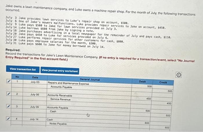 Jake owns a lawn maintenance company, and Luke owns a machine repair shop. For the month of July, the following transactions
occurred.
July 3 Jake provides lawn services to Luke's repair shop on account, $500.
July 6 One of Jake's mowers malfunctions. Luke provides repair services to Jake on account, $450.
July 9 Luke pays $500 to Jake for lawn services provided on July 3.
July 14 Luke borrows $600 from Jake by signing a note.
July 18 Jake purchases advertising in a local newspaper for the remainder of July and pays cash, $110.
July 20 Jake pays $450 to Luke for services provided on July 6.
July 27 Luke performs repair services for other customers for cash, $800.
July 38 Luke pays employee salaries for the month, $300.
July 31 Luke pays $600 to Jake for money borrowed on July 14.
Required:
Record the transactions for Jake's Lawn Maintenance Company. (If no entry is required for a transaction/event, select "No Journal
Entry Required" in the first account field.)
N
View transaction list
No
1
2
3
4
Date
July 03
July 06
July 09
July 14
View journal entry worksheet
Repairs and Maintenance Expense
Accounts Payable
Accounts Receivable
Service Revenue
Accounts Payable
Cash
Cash
General Journal
Notes Payable
Debit
500
450
500
600
Credit
500
450
500
600
Ⓡ
inscri