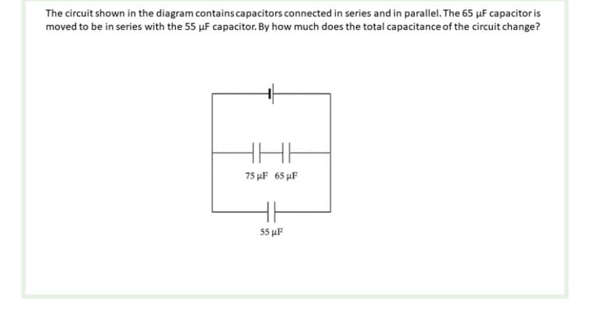 The circuit shown in the diagram contains capacitors connected in series and in parallel. The 65 µF capacitor is
moved to be in series with the 55 μF capacitor. By how much does the total capacitance of the circuit change?
ННЕ
75 μF 65 μF
55 μF