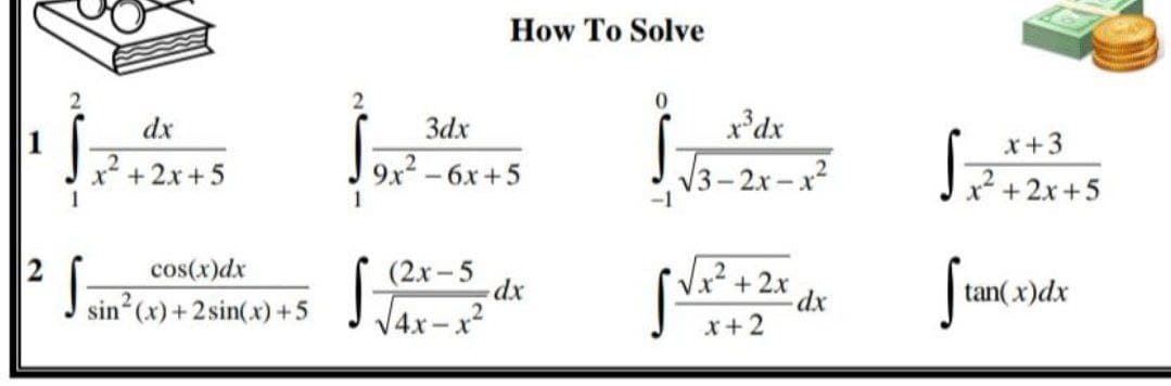 2
1
ܐܨ
dx
+2+5
2
cos(x)dx
+
3dx
9x² -6r+5
(2x-5
dx
]
ܐܢ
How To Solve
0
4-
x³dx
√√x² + 2x
+2
dx
-
[
r+3
x²+2x+5
tan(x)dx