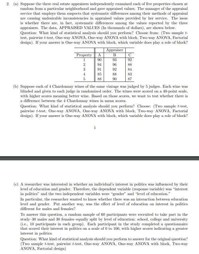 2. (a) Suppose the three real estate appraisers independently examined each of five properties chosen at
random from a particular neighborhood and gave appraised values. The manager of the appraisal
service that employs them suspects that systematic differences among their methods of appraisal
are causing undesirable inconsistencies in appraised values provided by her service. The issue
is whether there are, in fact, systematic differences among the values reported by the three
appraisers. The data, APPRAISED VALUES (In thousands of dollars), are shown below.
Question: What kind of statistical analysis should you perform? Choose from: (Two sample t-
test, pairwise t-test, One-way ANOVA, One-way ANOVA with block, Two-way ANOVA, Factorial
design). If your answer is One-way ANOVA with block, which variable does play a role of block?
Appraiser
A
90
Property
93
92
2
94
96
88
3
91
92
84
4
85
88
83
88
90
87
(b) Suppose each of 4 Chardonnay wines of the same vintage was judged by 5 judges. Each wine was
blinded and given to each judge in randomized order. The wines were scored on a 40-point scale,
with higher scores meaning better wine. Based on those scores, we want to test whether there is
a difference between the 4 Chardonnay wines in mean scores.
Question: What kind of statistical analysis should you perform? Choose: (Two sample t-test,
pairwise t-test, One-way ANOVA, One-way ANOVA with block, Two-way ANOVA, Factorial
design). If your answer is One-way ANOVA with block, which variable does play a role of block?
(c) A researcher was interested in whether an individual's interest in politics was influenced by their
level of education and gender. Therefore, the dependent variable (response variable) was "interest
in politics" and the two independent variables were "gender" and "level of education."
In particular, the researcher wanted to know whether there was an interaction between education
level and gender. Put another way, was the effect of level of education on interest in politics
different for males and females?
To answer this question, a random sample of 60 participants were recruited to take part in the
study-30 males and 30 females-equally split by level of education: school, college and university
(i.e., 10 participants in each group). Each participant in the study completed a questionnaire
that scored their interest in politics on a scale of 0 to 100, with higher scores indicating a greater
interest in politics.
Question: What kind of statistical analysis should you perform to answer for the original question?
(Two sample t-test, pairwise t-test, One-way ANOVA, One-way ANOVA with block, Two-way
ANOVA, Factorial design)
