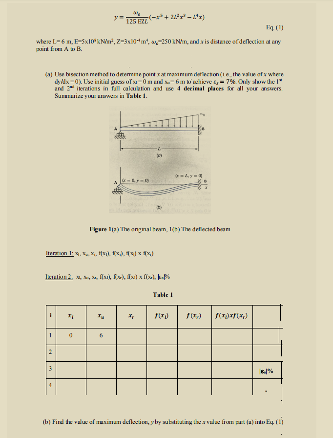y =
125 EZL
-(-x5 + 2L²x³ – L*x)
Eq. (1)
where L=6 m, E=5x10*kN/m², Z=3x10+m“, w,-250 kN/m, and x is distance of deflection at any
point from A to B.
(a) Use bisection method to determine point x at maximum deflection (i.e, the value of x where
dy/dx = 0). Use initial guess of x= 0 m and x4= 6 m to achieve ɛs = 7%. Only show the 1*
and 2nd iterations in full calculation and use 4 decimal places for all your answers.
Summarize your answers in Table 1.
(a)
(x = L, y = 0)
(r = 0, y = 0)
B
(b)
Figure 1(a) The original beam, 1(b) The deflected beam
lteration l: xi, Хa, Х, fx), fx.), { х) х fx)
Iteration 2: x, Xu, Xr, f(x1), f(x-), f(x1) x f(x;), Eal%
Table 1
i
f(x)
f(x,)
f(x)xf(x,)
1
6.
3
4
(b) Find the value of maximum deflection, y by substituting the x value from part (a) into Eq. (1)
