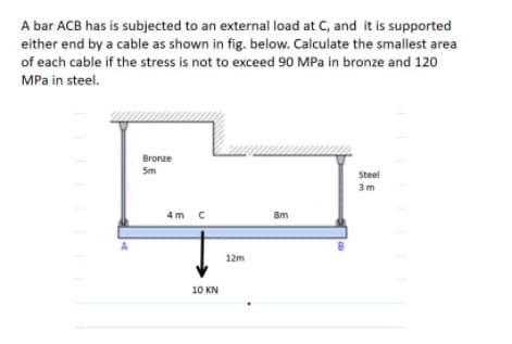 A bar ACB has is subjected to an external load at C, and it is supported
either end by a cable as shown in fig. below. Calculate the smallest area
of each cable if the stress is not to exceed 90 MPa in bronze and 120
MPa in steel.
Bronze
Sm
Steel
3m
4 m C
Sm
12m
10 KN
