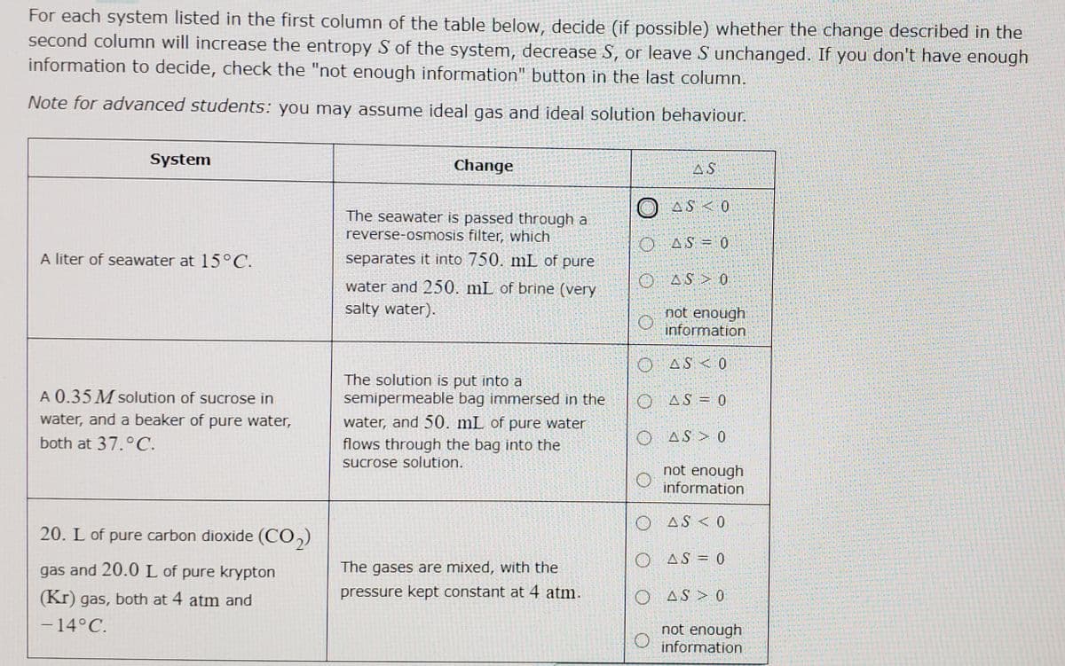 For each system listed in the first column of the table below, decide (if possible) whether the change described in the
second column will increase the entropy S of the system, decrease S, or leave S unchanged. If you don't have enough
information to decide, check the "not enough information" button in the last column.
Note for advanced students: you may assume ideal gas and ideal solution behaviour.
System
Change
AS
AS <0
The seawater is passed through a
reverse-osmosis filter, which
O AS = 0
A liter of seawater at 15°C.
separates it into 750. mL of pure
water and 250. mL of brine (very
O AS > 0
salty water).
not enough
information
O AS < 0
The solution is put into a
semipermeable bag immersed in the
A 0.35 M solution of sucrose in
O AS = 0
water, and a beaker of pure water,
water, and 50. mL of pure water
flows through the bag into the
both at 37.°C.
O AS > 0
sucrose solution.
not enough
information
O AS < 0
20. L of pure carbon dioxide (CO,)
O AS = 0
gas and 20.0 L of pure krypton
The gases are mixed, with the
(Kr) gas, both at 4 atm and
pressure kept constant at 4 atm.
O AS > 0
-14°C.
not enough
O information
