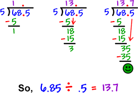 13.7
13.
5 T68.5
-5
18
- 15
5 T68.5
-5
18
- 15
35
)68.5
-5
So, 6.85 ÷ 5 = 13.7
