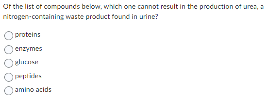 Of the list of compounds below, which one cannot result in the production of urea, a
nitrogen-containing
waste product found in urine?
proteins
enzymes
glucose
peptides
amino acids