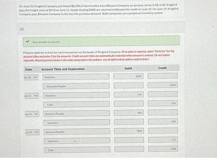 On June 10, Kingbird Company purchased $8,200 of merchandise from Blossom Company, on account, terms 4/10, n/30. Kingbird
pays the freight costs of $410 on June 11. Goods totaling $400 are returned to Blossom for credit on June 12. On June 19, Kingbird
Company pays Blossom Company in full, less the purchase discount. Both companies use a perpetual inventory system.
(a)
Your answer is correct.
Prepare separate entries for each transaction on the books of Kingbird Company (if no entry is required, select "No Entry" for the
account titles and enter O for the amounts. Credit occount titles are automatically Indented when amount is entered. Do not indent
manually. Record journal entries in the order presented in the problem. List all debit entries before credit entries.)
Account Titles and Explanation
Debit
Date
the 10 V
ne 11 V
ne 12 V
the 19 V
Inventory
Accounts Payable
Inventory
Cash
Accounts Payable
Inventory
Accounts Payable
Inventory
Cash
#200
410
400
7800
Credit
8200
410
400
312
7488