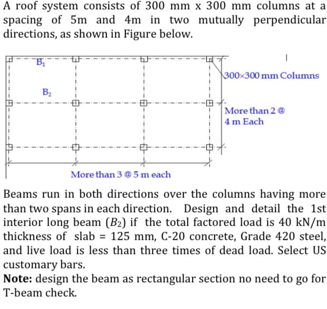 A roof system consists of 300 mm x 300 mm columns at a
spacing of 5m and 4m in two mutually perpendicular
directions, as shown in Figure below.
300x300 mm Columns
B2
More than 2 @
4 m Each
More than 3 @ 5 m each
Beams run in both directions over the columns having more
than two spans in each direction. Design and detail the 1st
interior long beam (B2) if the total factored load is 40 kN/m
thickness of slab = 125 mm, C-20 concrete, Grade 420 steel,
and live load is less than three times of dead load. Select US
customary bars.
Note: design the beam as rectangular section no need to go for
T-beam check.
