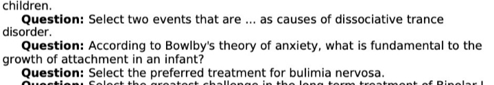 children.
Question: Select two events that are ... as causes of dissociative trance
disorder.
Question: According to Bowlby's theory of anxiety, what is fundamental to the
growth of attachment in an infant?
Question: Select the preferred treatment for bulimia nervosa.
Quest
ploct the are test challenge in the long term treatment of Ringlar I