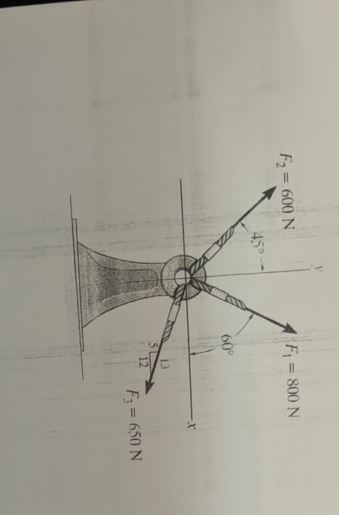 F2 = 600 N
45°
F₁ = 800 N
60°
5
-X
13
12
F3 = 650 N