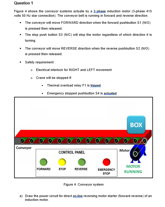 Question 1
Figure 4 shows the conveyor systems actuate by a 3 phase induction motor (3-phase 415
volts 50 Hz star connection). The conveyor belt is running in forward and reverse direction.
• The conveyor will move FORWARD direction when the forward pushbutton S1 (N/O)
is pressed then released.
• The stop push button S3 (N/C) will stop the motor regardless of which direction it is
turning.
• The conveyor will move REVERSE direction when the reverse pushbutton S2 (N/O)
is pressed then released.
• Safety requirement:
0
Conveyor
Electrical interlock for RIGHT and LEFT movement
Crane will be stopped if:
■
Thermal overload relay F1 is tripped
Emergency stopped pushbutton S4 is actuated
FORWARD
CONTROL PANEL
STOP REVERSE
EMERGENCY
STOP
Figure 4: Conveyor system
BOX
Motor
MOTOR
RUNNING
a) Draw the power circuit for direct on line reversing motor starter (forward reverse) of an
induction motor.