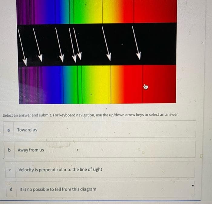 Select an answer and submit. For keyboard navigation, use the up/down arrow keys to select an answer.
a
Toward us
Away from us
Velocity is perpendicular to the line of sight
It is no possible to tell from this diagram
多
