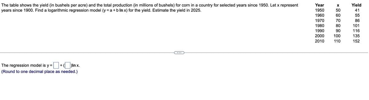 The table shows the yield (in bushels per acre) and the total production (in millions of bushels) for corn in a country for selected years since 1950. Let x represent
years since 1900. Find a logarithmic regression model (y = a + b In x) for the yield. Estimate the yield in 2025.
The regression model is y=+()Inx.
(Round to one decimal place as needed.)
Year
1950
1960
1970
1980
1990
2000
2010
X
50
60
70
80
90
100
110
Yield
41
55
86
101
116
135
152