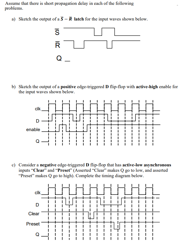 Assume that there is short propagation delay in each of the following
problems.
a) Sketch the output of a 5 - Ŕ latch for the input waves shown below.
ISIR
R
Q_
-
b) Sketch the output of a positive edge-triggered D flip-flop with active-high enable for
the input waves shown below.
clk
D
enable
Q
c) Consider a negative edge-triggered D flip-flop that has active-low asynchronous
inputs "Clear" and "Preset" (Asserted "Clear" makes Q go to low, and asserted
"Preset” makes Q go to high). Complete the timing diagram below.
clk
D
Clear
Preset
Q