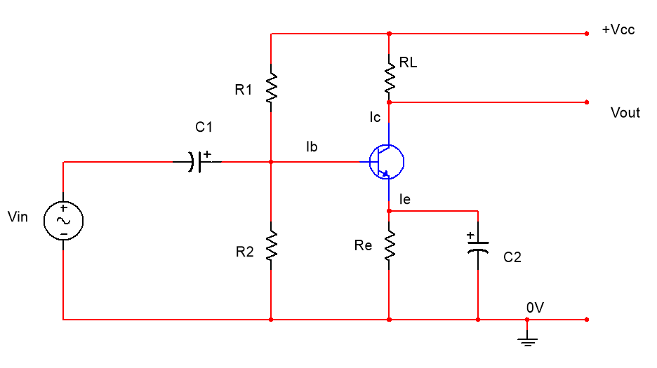 +Vcc
RL
R1
lc
Vout
C1
Ib
le
Vin
Re
R2
C2
ov
