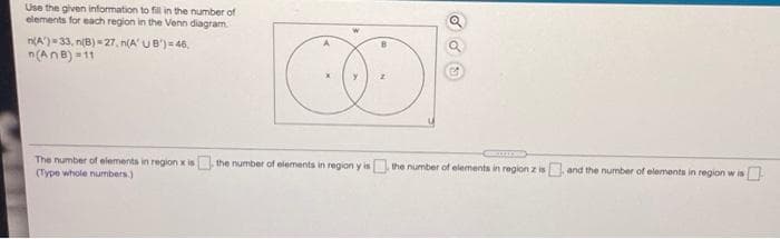 Use the given information to fill in the number of
elements for each region in the Venn diagram.
n(A')-33, n(B) = 27, n(A' UB')= 46,
n(AnB) = 11
The number of elements in region x is the number of elements in region y is the number of elements in region z is and the number of elements in region w is
(Type whole numbers.)
