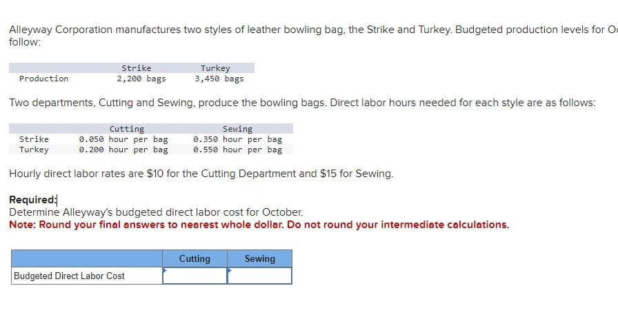 Alleyway Corporation manufactures two styles of leather bowling bag, the Strike and Turkey. Budgeted production levels for O
follow:
Strike
2,200 bags
Turkey
3,450 bags
Two departments, Cutting and Sewing, produce the bowling bags. Direct labor hours needed for each style are as follows:
Production
Cutting
Sewing
0.350 hour per bag.
Strike
Turkey
0.050 hour per bag
0.200 hour per bag
0.550 hour per bag
Hourly direct labor rates are $10 for the Cutting Department and $15 for Sewing.
Required:
Determine Alleyway's budgeted direct labor cost for October.
Note: Round your final answers to nearest whole dollar. Do not round your intermediate calculations.
Budgeted Direct Labor Cost
Cutting
Sewing