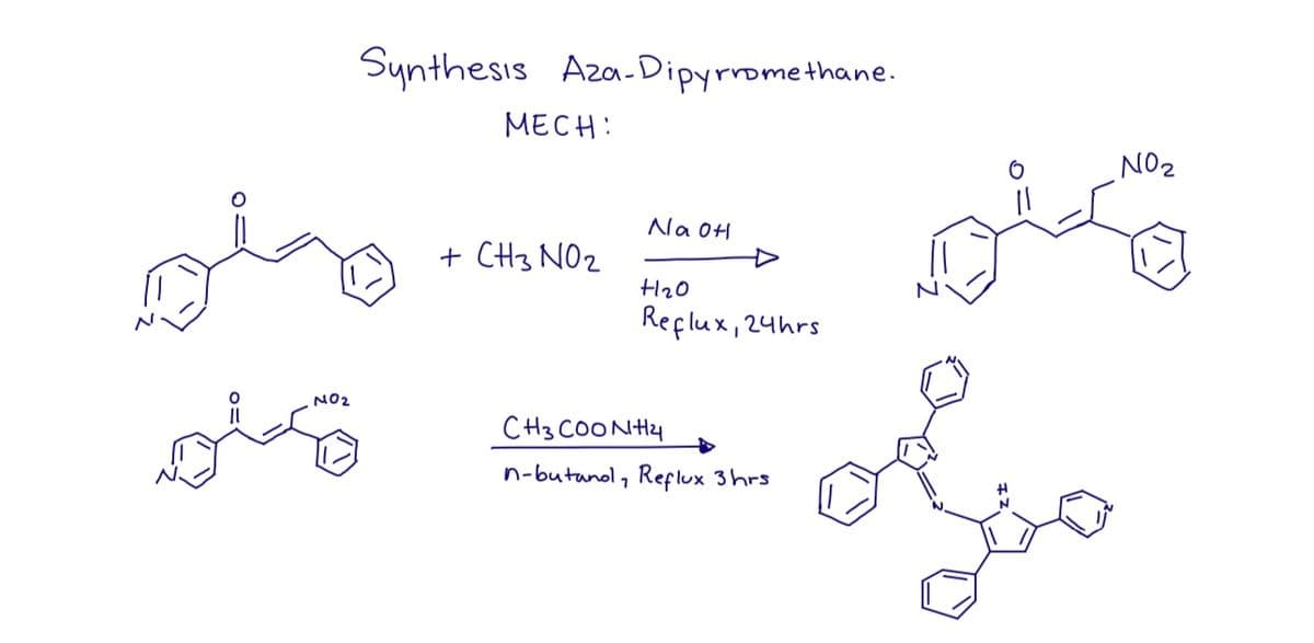 O=
говоро
Synthesis Aza-Dipyrromethane.
MECH:
+ CH3 NO2
Na 0H
+120
Reflux, 24hrs
CH3COONH4
n-butanol, Reflux 3 hrs
منكم
NO2