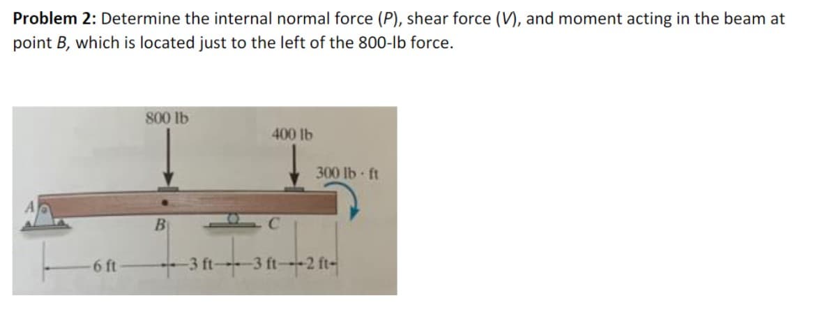 **Problem 2**: Determine the internal normal force (P), shear force (V), and moment acting in the beam at point B, which is located just to the left of the 800-lb force.

In the given diagram:
- The beam is supported at point A (a pin support) and point C (a roller support).
- An 800 lb downward force is applied on the beam just to the right of point A.
- A 400 lb downward force is applied on the beam at a point located 3 feet to the right of point B.
- A 300 lb-ft counterclockwise moment is applied at a point located 2 feet to the right of point B.

The distances in the beam setup are as follows:
- The distance between point A and point B is 6 feet.
- The distance between point B and point C is 3 feet.
- The total length from point A to the far end is 8 feet (6 feet + 3 feet - 1 foot (difference between 3 feet and 2 feet from right side weight to the right end of the beam)).