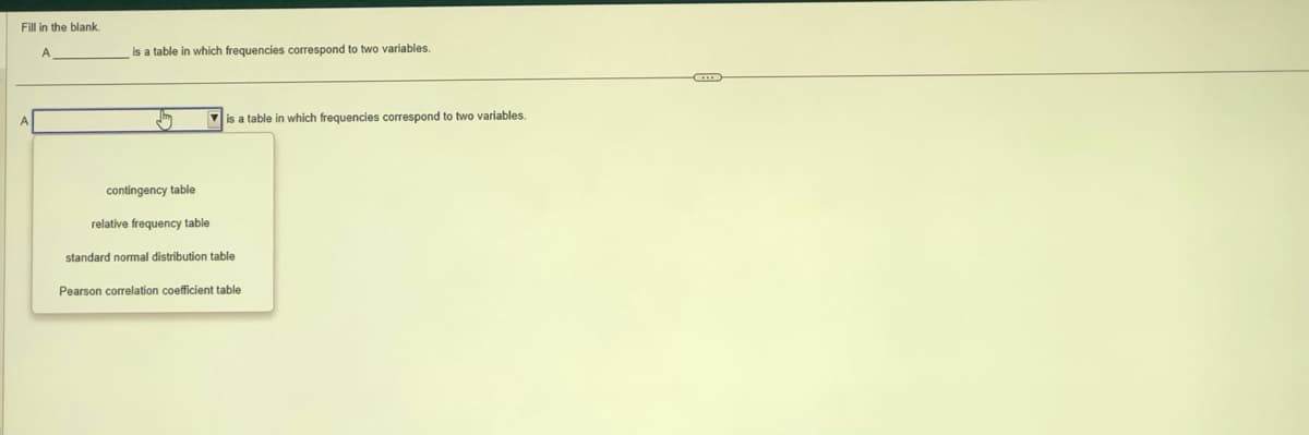 Fill in the blank.
A
is a table in which frequencies correspond to two variables.
Stry
contingency table
relative frequency table
is a table in which frequencies correspond to two variables.
standard normal distribution table
Pearson correlation coefficient table
C