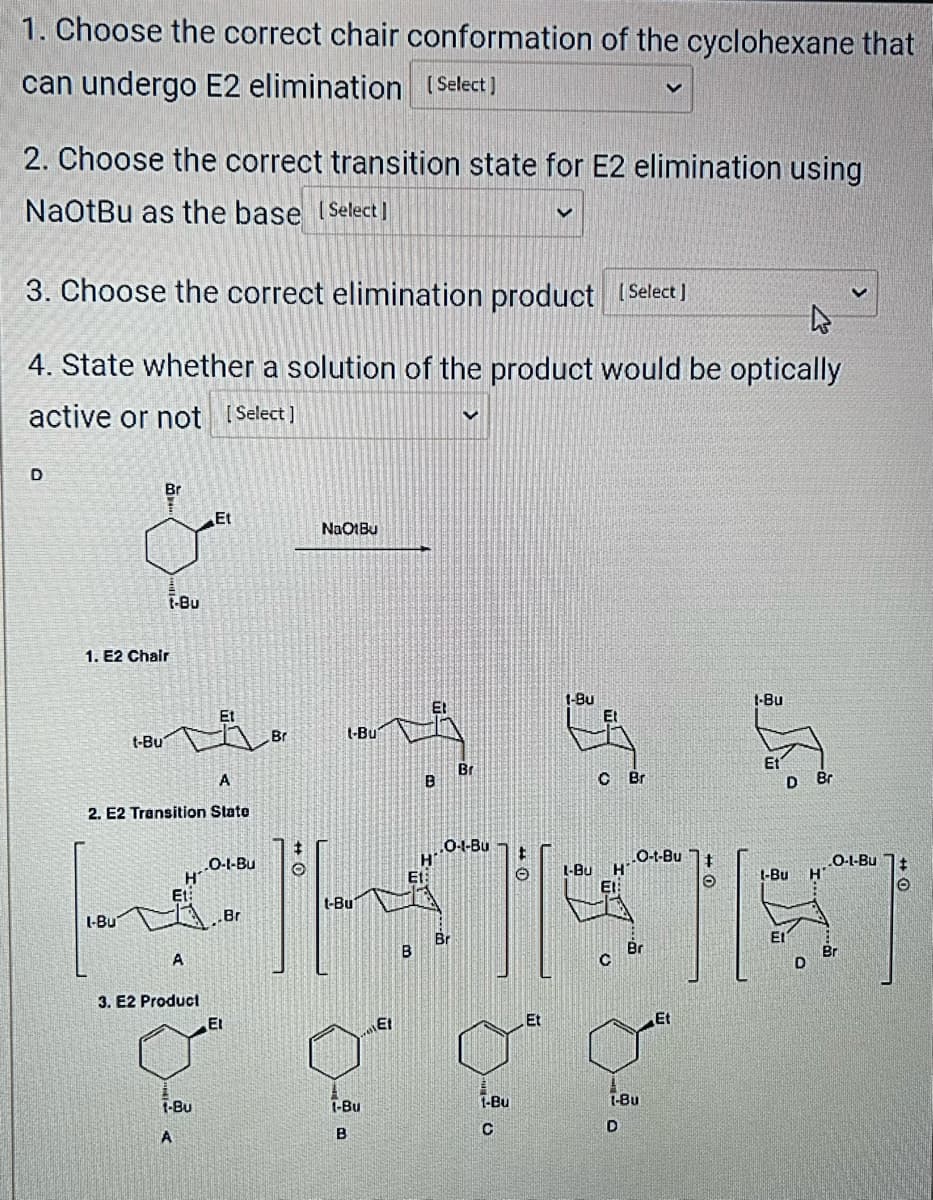 1. Choose the correct chair conformation of the cyclohexane that
can undergo E2 elimination [Select]
2. Choose the correct transition state for E2 elimination using
NaOtBu as the base (Select]
3. Choose the correct elimination product [Select]
4. State whether a solution of the product would be optically
active or not [Select]
D
Br
1. E2 Chair
1-Bu
t-Bu
t-But
A
2. E2 Transition State
Et
A
O-1-Bu
Br
Br
#
O
NaOtBu
l-Bu
t-Bu
-Bu
B
B
Et
B
V
Br
Br
0-1-But
V
1-Bu
Ⓒ L-Bu
C Br
H
El:
с
3. E2 Product
Et
Et
& ggg
t-Bu
1-Bu
A
C
O-t-Bu
Br
D
1-Bu
Ⓒ
1-Bu
5
D
Br
H
O-1-Bu
+
O