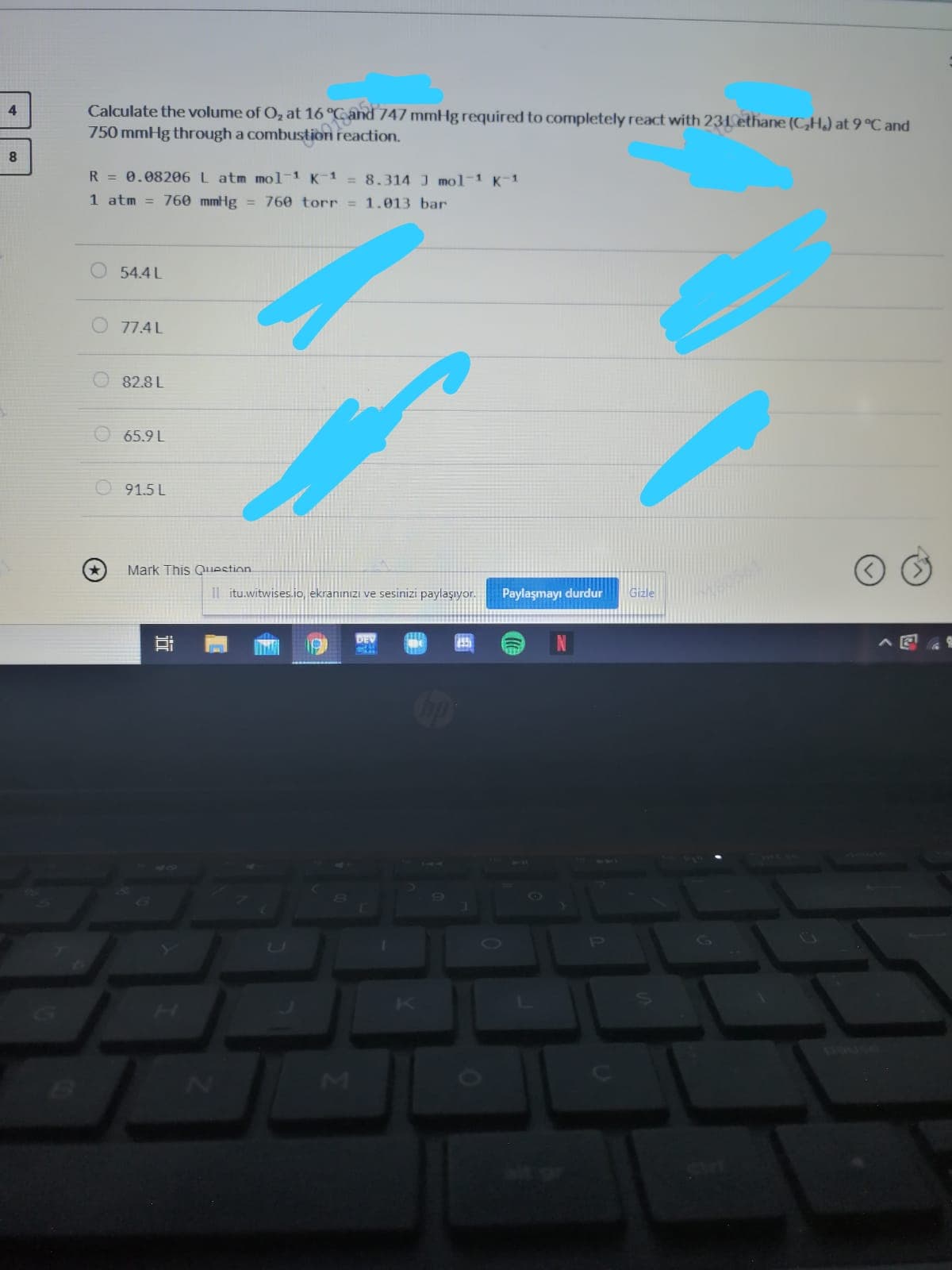 Calculate the volume of O, at 16 °Cand 747 mmHg required to completely react with 231L ethane (C,H,) at 9°C and
750 mmHg through a combustion reaction.
R = 0.08206 L atm mol-1 K-1 = 8.314 J mol-1 K-1
1 atm = 760 mmHg = 760 torr =1.013 bar
