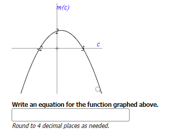 m(c)
C
Write an equation for the function graphed above.
Round to 4 decimal places as needed.